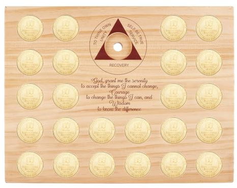 PH PandaHall Pine Wood Coin Display Coin Holder Stand Holds 25 Sobriety Medallions Displays Case Sober Recovery Chips Organizer Boards for Women Men Collectors Medallion Storage Inspirational Gift
