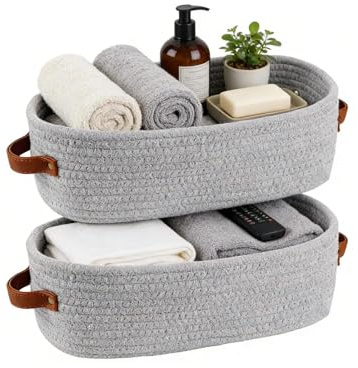LWLWA 2 Piezas Cesta Trenzada Algodón, Cestas Organizadoras Cuerda Algodón, 35 x 15 x 10 cm Cestas Almacenaje Baño, Multifuncional Cajas Organizadoras Baño Gris, para Baños, Dormitorio, Sala Estar