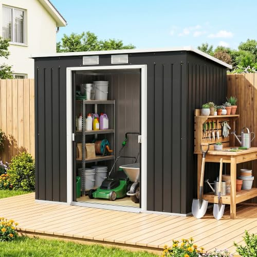Outsunny Caseta de Jardín Exterior 2,4 m² 213x130x172 cm, Gris Oscuro | Cobertizo de Jardín Exterior, Puerta Corredera, Techo Inclinado, Base Refuerzo (Suelo NO Incluido), 2 Ventanas