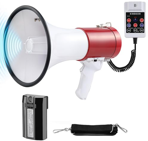 Kensbro Megaphone 50 W, portata massima 1000 m, megafono con sirena e microfono, registrazione 260S e funzioni Bluetooth, tromba con tracolla regolabile per interni ed esterni