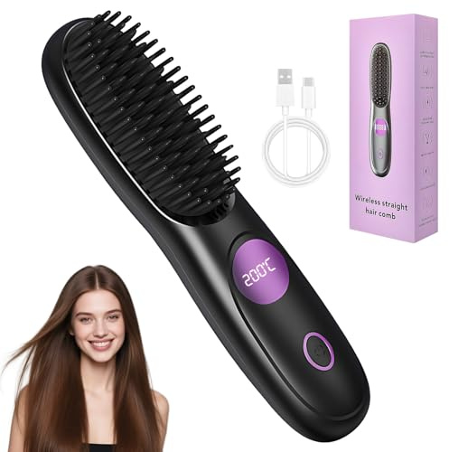 Stylingbürste für Kurze haare, Glättbürste Kabellos, Tragbarer Haarbürste Elektrisch, 3-stufige Temperaturregelung, 160-200°C Temperatureinstellung, Für Unterwegs Alltag Frauen Männer