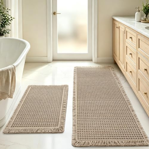Capslpad Badezimmerteppich Set 2 Teilig Waschbar Saugfähiger Badematte rutschfest Weiche Boho Badezimmermatte Badteppich Duschvorleger für Wohnzimmer Schlafzimmer Wäscheraum,Braun-43x61 cm+51x122 cm