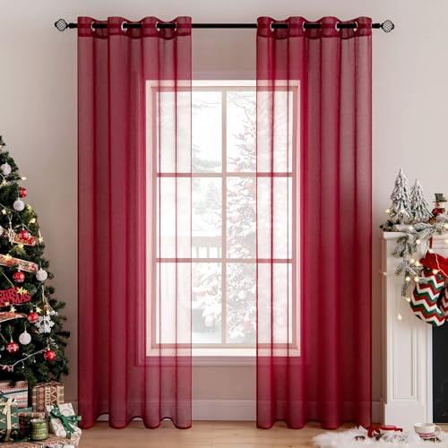 MIULEE Sheer Voile Vorhang mit Ösen Transparente Optik Gardine Vorhänge Ösenvorhang Ösenschal Transparent Durchsichtig für Schlafzimmer Wohnzimmer Babyroom 140x175 cm (B x H) Rot