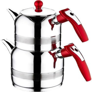 Yagmur - Juego de tetera turca de acero inoxidable para estufa con base de inducción, tetera de 1.27 cuartos (1.2 L) y tetera de 2.33 cuartos de galón con asas de baquelita, estilo Samovar (mango rojo