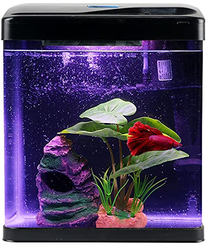 Betta Fish Tank Self Cleaning Glass 2 Gallon Small Nano Aquarium Starter Kits Desktop Room Decor w/LED Light Decorations & Whisper Filters Water Pump (Fish Tank)