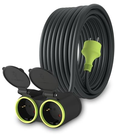 MutecPower 15m Verlängerungskabel mit 2 schuko steckdosen für den aussenbereich IP44 H05RR-F3G 1,5mm² doppel-verlängerung mit 2 schutzkontakt buchsen 2-Fach Outdoor verteiler 15 Meter schwarz/grün
