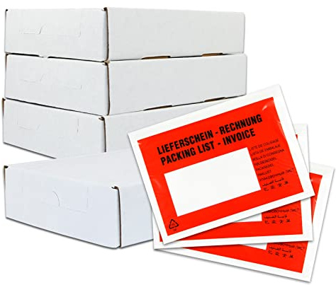 versando 4x 250 Stück Lieferscheintaschen C6 selbstklebend | Dokumententaschen Begleitpapiertaschen rot/schwarz bedruckt Lieferschein/Rechnung in Spenderbox
