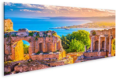 Prime Bild auf Leinwand Die Ruinen des Taormina Theaters bei Sonnenuntergang. Schönes Reisefoto, buntes Bild von Sizilien. Wan