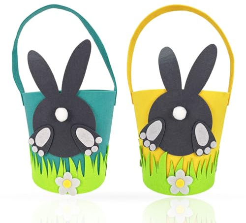 2 Pcs Easter Egg Hunt Baskets for Kids,Felt Basket with Handle,Child Party Craft Gift Basket-Spring Easter Egg Hunt Favour Holders with Bunny Design-Easter Gift Box,Arts Crafts For Kids to Make DIY