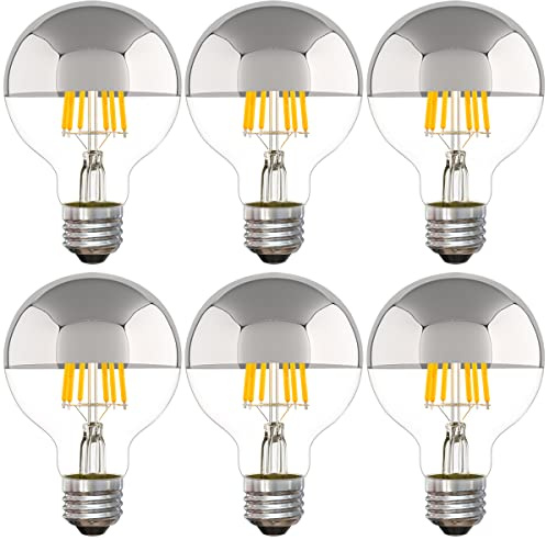 ARGANOL Half Chrome Light Bulb 6W (60 Watt Equivalent), Dimmable G25 Globe 5000K Daylight Decorative LED Edison Bulb, Silver Tipped Light Bulb E26 Base Pack of 6