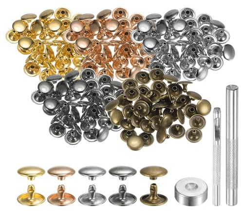 QUARKZMAN 100 Sets 12mm x 8mm Leder Nieten Tubular Runde Mehrfarbig | Metall Doppelkappe Nieten, Druckknöpfe, mit 3 Stück Werkzeugen, für Handwerk Reparatur Dekoration, Gürtel Kleidung