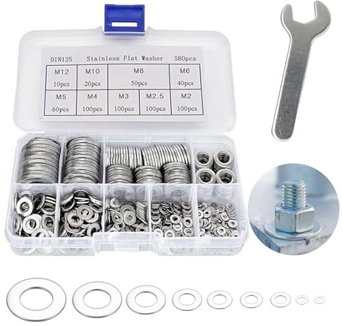 580 Stück Unterlegscheiben Set Edelstahl – Flache Unterlegscheiben + Sicherungsscheiben – 9 Größen M2 bis M12 – Mit Sortierbox – Für Türscharnier, Schraubverbindungen & Metallabdichtung