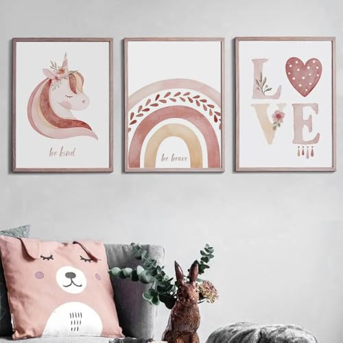 3 Bilder Kinderzimmer Mädchen Boho Regenbogen Einhorn Liebe Leinwand Bilder Kinder Rosa Poster Kinderzimmer Mädchen 30x40 Dekoration Wandbilder Baby Mädchen Geschenk