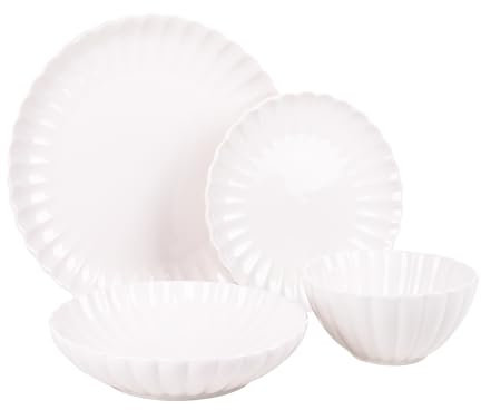 Cofan Vajilla de porcelana esmaltada | Juego de 16 piezas | Diseño en relieve | Color: blanco | Apta para lavavajillas, microondas y horno