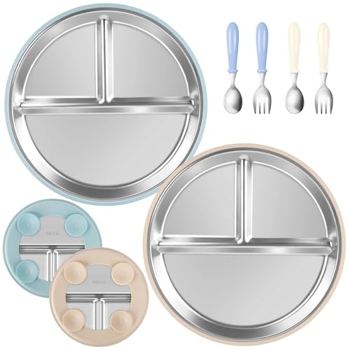 AUROAY Lot de 2 Assiettes en Acier Inox 304 + Ventouse en Silicone & 2 Cuillères et 2 Fourchettes, Set d'Alimentation Autonome et Sécurisé, Sans BPA