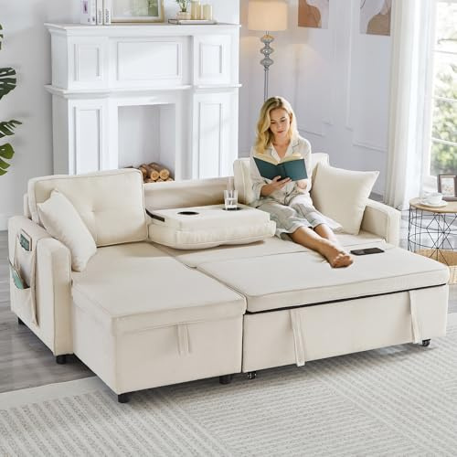 3 Seater Sofa Bed Sleeper Pull Out Reversible Sectional Couch Bed, 3 in 1 Convertible Corner Sofa with Storage Chaise & Drop-Down Table & Cup Holders & Charging Station for Living Room Office, Beige