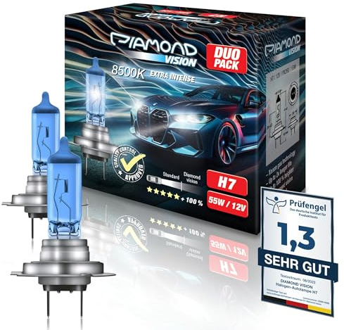 Diamond Vision H7 Lampe Auto | H7 12V 55W | Optimierte Version | 8500K Xenon Look Kaltweiß | Halogen KFZ Autolampen | zweimal so langlebig | Duobox | E-Prüfzeichen | PX26D | 2 Stück