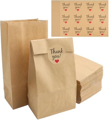 LHNNDM 100PCS Brown Paper Bags, 9 * 5.5 * 17cm Paper Food Bags, Party Bag Kraft Paper for Grocery, Snack, Easter, Birthdays,Christmas Parties and Weddings（sealing sticker）