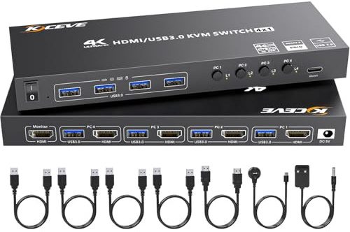 4 Port HDMI KVM Switch 4K@60Hz EDID Simulering, Dubbel Skärm KVM Switch med 4 USB 3.0 Portar för Tangentbord, Musskrivare, med Styrenhet, 12V Ström och 4 USB Kablar