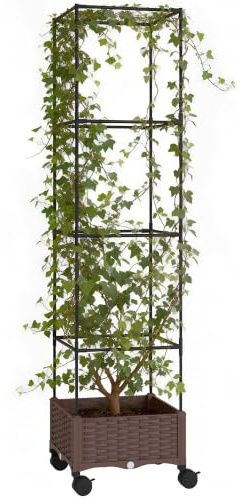 Outsunny Fioriera Rialzata con Traliccio 20L con Autoirrigazione Marrone | Letto per Orto Rialzato da Esterno, Ruote Bloccabili, Fori di Drenaggio, per Piante Rampicanti, Verdure e Fiori
