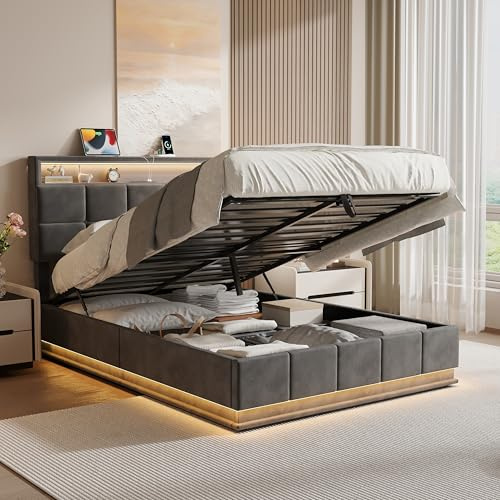 Fulasofia Upholstered Ottoman Bed Frame with Charging Station & LED Lights – Double (4ft6) Extra-Large Storage Bed, Under-bed Storage and Storage Headboard, 2-Height Headboard (No Mattress Included)