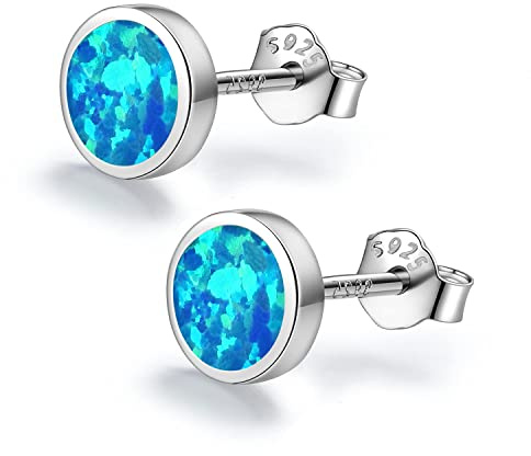 SIMPLOVE Blaue Opal Ohrstecker, 925 Sterling Silber Kleine Runde 7mm Mode Geschenk Schmuck Hypoallergen Ohrringe Damen Mädchen für MuttertagMEHRWEG