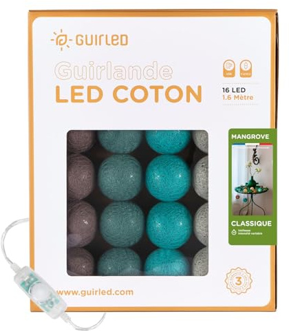 GuirLED - LED Baumwollkugeln Lichterkette USB - Baby Nachtlicht 2h - Dual USB 2A Netzteil enthalten - 3 Intensitäten - 16 Kugeln 1.6m - Mangrove
