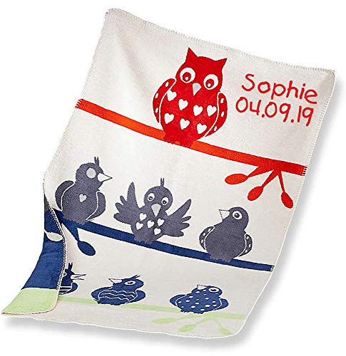 Babydecke mit Namen Datum bestickt Decke 75x100 cm Fabelio Eule Vögel Geschenk zur Taufe zur Geburt Kinderdecke Kuscheldecke