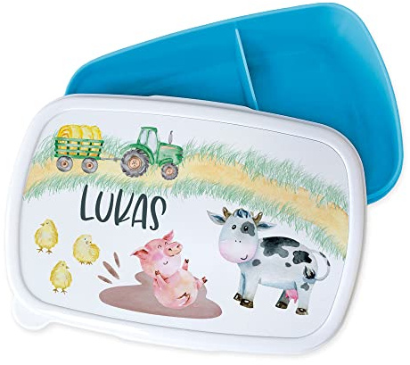 GRAZDesign Boîte à lunch personnalisée pour enfants, boîte à lunch bleue de la maternelle avec séparateurs, noms et cadeau d'inscription à l'école de ferme de tracteur pour garçons filles