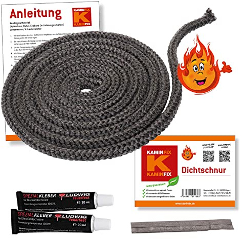 Ofendichtschnur 2,5m inkl. Kleber, Kaminreparaturset in der Größe 8mm, hochwertige Ofentürdichtschnur und Ofenschnur - Dichtschnur für Kaminofen, Ofen Dichtschnur 6, 8, 10, 12, 14mm. | Sorgt für eine zuverlässige Abdichtung Ihrer Kamintür und erleichtert den Austausch der Dichtung.