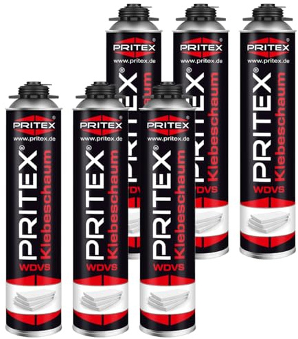 PRITEX – WDVS Klebeschaum 6 x 750 ml zum Isolieren, Fixieren & Befestigen – Dämmstoffkleber mit sehr guter Haftung, niedrigem Aushärtedruck & geringer Nachdehnung – Bauschaum für Montagepistole