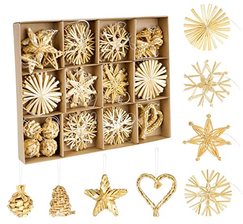 Ensemble de 46 Décorations en Paille pour Sapin de Noël - Étoiles et Pendentifs Naturels avec Boîte en Bois