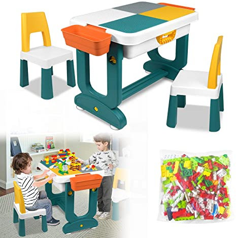 ACXIN Kindertisch mit Stühle Set Kindersitzgruppe Mehrzweck Spieltisch mit Stauraum Doppelseitiger Tischplatte Multifunktionaler Aktivitätstisch (mit Bausteinen)