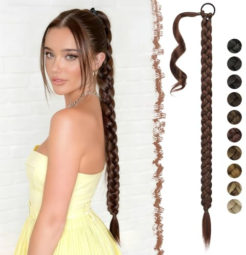 FESHFEN Geflochtener Zopf Haarteil - Rötlich Braun Braid Extensions Pferdeschwanz mit Haargummi Kunsthaar Lang Geflochten Ponytail Synthetik Haare Zöpfe zum Einflechten für Damen, 65 cm