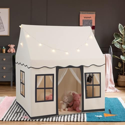 Tienda de Juego para Niños con Luces de Estrella LED y Tapete Antideslizante, Casita de Juegos para Niños con 2 Ventanas, Tienda de Juegos Interior y Exterior (Beige)