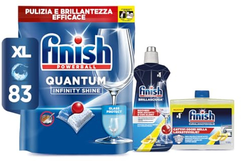 Finish Kit Lavastoviglie; Finish Quantum Infinity Shine Pastiglie Lavastoviglie 83 lavaggi, Brillantante Lemon 500ml, Curalavastoviglie Lemon 250ml