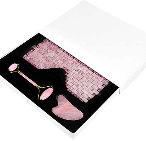 Natürliches Rosenquarz-Augenmasken-Kit Jade-Stein-Roller Gua Sha-Massagewerkzeug Gesichtsmassagegerät-Set,3 In 1-Ci Mit Box-C
