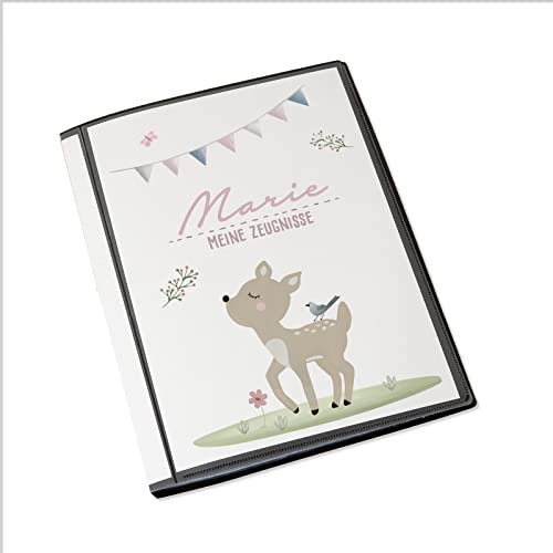 HeLLo mini Personalisierte Zeugnismappe Kinder - Personalisiertes Geschenk zur Einschulung - inkl. 20 Klarsichthüllen DIN A4 - Zeugnismappe Mädchen & Jungen - hellomini Reh