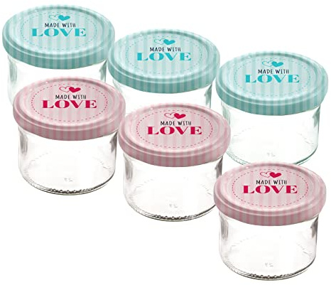 Spetebo Marmeladenglas mit bedrucktem Metall Deckel, 6er Set, rosa und grün | Einmachglas, Farbiger Schraubverschluss, Luftdicht, Made with Love