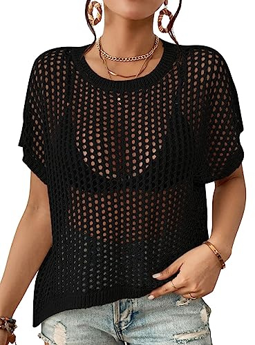 Bsubseach Mujeres Crochet Cubre Traje de Baño Bikini Bañador Cubre Manga Corta Top de Playa de Punto Trajes de Verano Negro