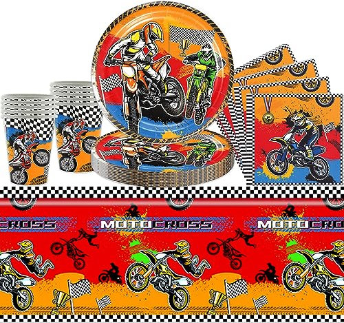 41 Stück Motorrad Kindergeburtstage Partygeschirr, Rennwagen Themen Geburtstags Party Set, Rennauto Pappbecher Teller Tischdecke Papierserviette, für Racing Car Kinder Junge Geburtstag Party Supplies