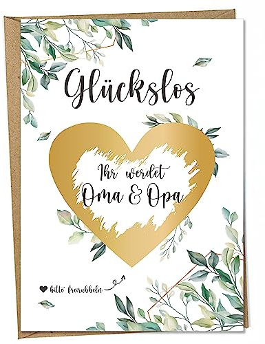 Ninky® Rubbelkarte Ihr werdet Oma & Opa Postkarte mit Kuvert - Schwangerschaft verkünden Oma & Opa - Rubbellos Herz Gold DIN A6