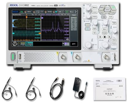 RIGOL DHO802 Portable Digital Oscilloscope, 70MHz Bandwidth, 2 Analogue Channels, 12bit Vertical Resolution, Low Noise Floor, Mobile Power Supply Supportable