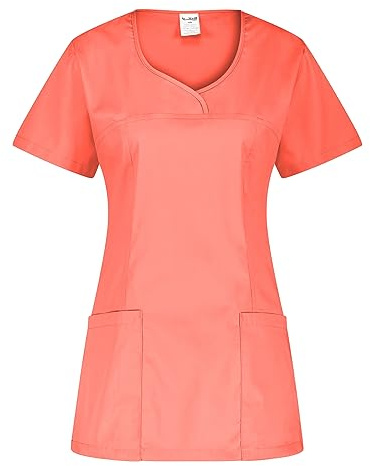 B-well INES medicinsk blus kortärmad medicinsk tunika blus apotek uniform medicinsk blus esthetiker v-ringad 2 fickor, Korall, XS