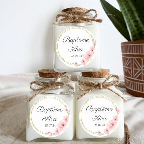 Bougies personnalisées Baptême, cadeau d'invités, thème fleuri. (Lot de 10 bougies) (Sans parfum)