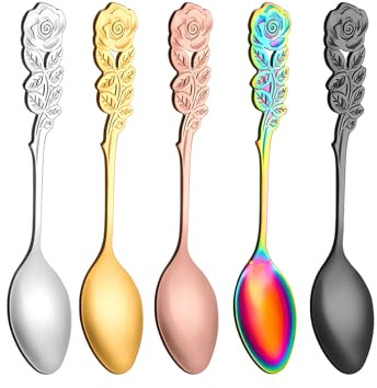 JYJLLM 5 Rose Shaped Coffee and Tea Spoons Set - Stainless Steel Dessert Teaspoons Cutlery