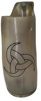 Viking By Heart Vero corno di bue lungo 15-17 cm, boccale in corno liscio da bere vichingo con base in legno, inciso con il corno di Odino, capacità di oltre 13 OZ, boccale in corno con finitura lucid