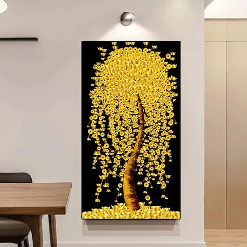 ZHMANLUCK Good Luck Wandkunst, Gemälde, goldener Geldbaum, Bilder, Poster und Drucke, luxuriöse Blumenblätter, Pflanzen, Leinwand, Raumdekoration, 30 x 63 cm (12 x 25 Zoll) mit schwarzem Rahmen