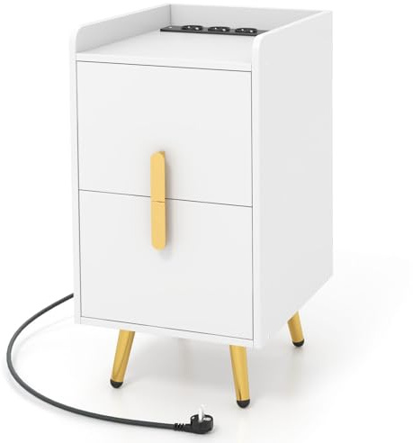 RELAX4LIFE Nachttisch, mit integrierter Ladestation & viel Stauraum, inkl. 3 Steckdosen & 2 USB-Anschlüssen, ideal für Wohn- & Schlafzimmer, kompakte Maße 32 x 40 x 60 cm(Weiß)