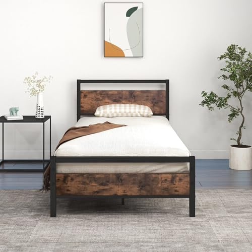 JELUTE Struttura letto con piattaforma in metallo, 90 x 200 cm, con testiera e pediera in legno, supporto in acciaio resistente, senza bisogno di molle, facile da montare, colore nero